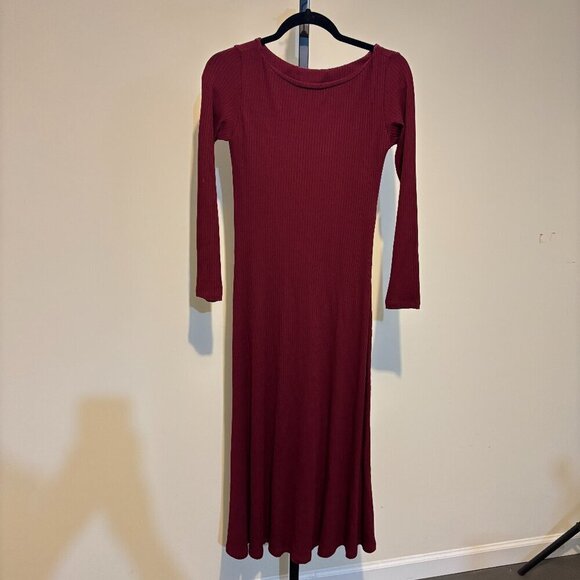 Farm Rio Burgundy Boat Neck Midi Dress Ribbed Long Sleeve - Picture 3 of 14
